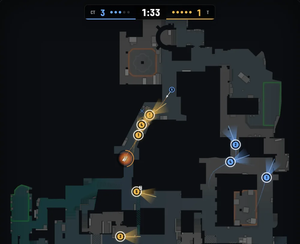 The replay on Mirage: both teams as numbered markers with the direction each one is looking, and a smoke in the air.